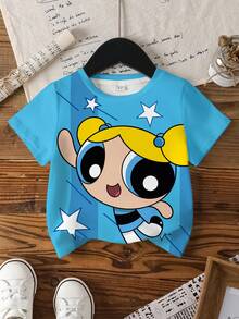 THE POWERPUFF GIRLS X SHEIN Young Girl Blossom, Bubbles, Buttercup Pattern Round Neck Short Sleeve T-Shirt - Multicolor - View 8