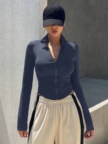 DAZY 女士纯色简约日常长袖T恤，新款秋季运动紧身款 - 灰色 - 查看 5