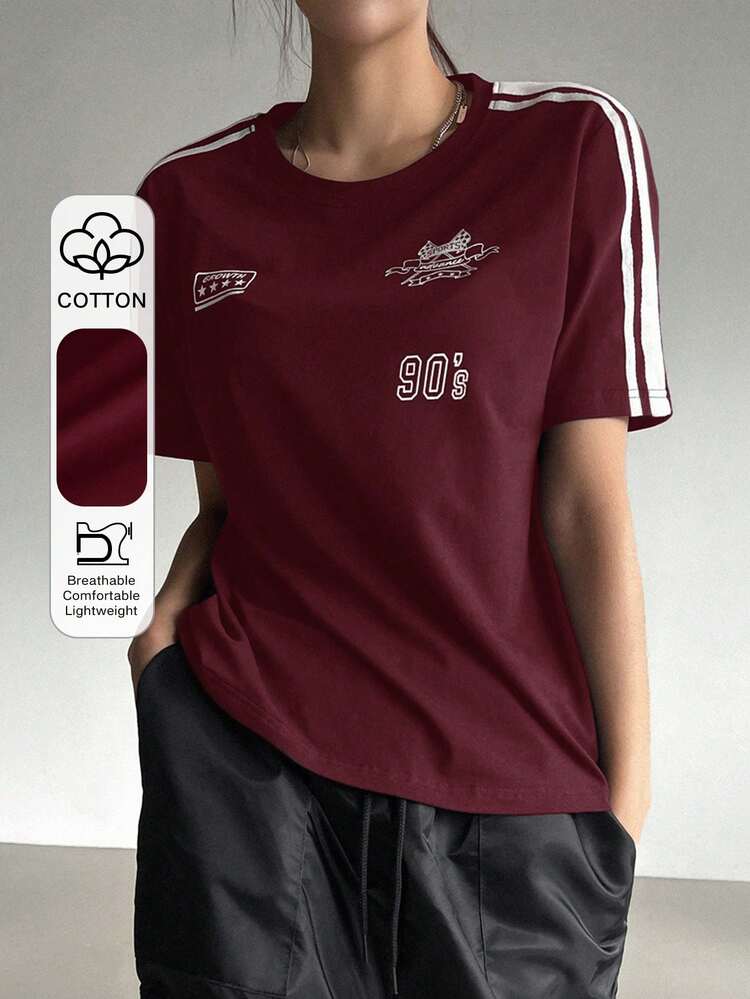 Women Summer Short Sleeve Casual T-Shirt With Motorcycle Style Letter Print And Striped Decoration Jersey,Fall Clothes