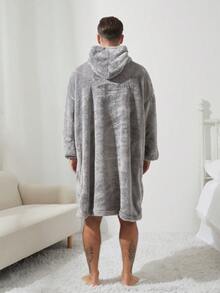 男士加厚长款带口袋毛绒连帽浴袍，适合秋冬季穿着。 - 灰色 - 查看 3