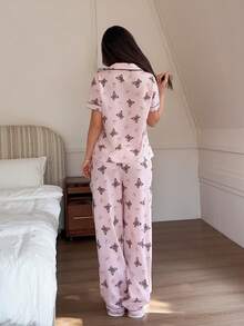 Napfluff Vår & höst Nytt björn- & rosetttryck med korta ärmar för kvinnors pyjamasset - Multifärgad - Visa 3