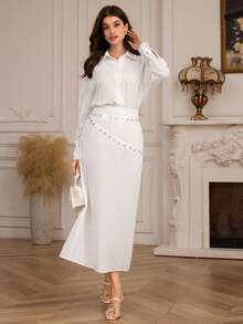 Modelyn Women's Casual Street Style Loose Shirt And High Waist Long Skirt With Chain Decor, Commuting Two Pieces Set - White - View 4