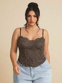 SHEIN CURVE+ Plus Size Women Sexy Lace Sheer Camisole Top, Party , Date, Commute, Cute Lingerie - Brown - View 4