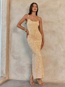 Enchnt Spring/Summer Romantic Women's Butter Yellow Jacquard Fitted Bodycon Backless Sexy Maxi Dress,Sweet&Elegant For Vacation&Date&Holiday&Going Out,Spring Outfit Women - Yellow - View 6