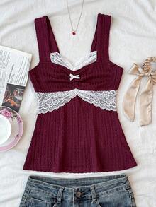 SHEIN Teen Girl Burgundy Jacquard Lace Trim Casual Fitted Camisole - Rose Red - View 3
