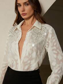 Aveloria Rosie Blusa de manga larga para mujer con diseño floral de jacquard, bordada con cuentas, strass y lentejuelas, de estilo elegante francés y versátil casual - Blanco - Ver 3