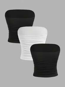 Girlism 3件套少女黑白针织高弹力束腰连体衣，多功能舒适褶皱弹力修身休闲吊带内衣 - 黑與白 - 查看 2