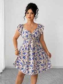 Elenzga Robe maxi grande taille pour femmes beige à imprimé floral discret, manches volantées, nouée devant, col en dentelle ajourée, style bohème, élégante pour vacances d'été, vacances et invitée de mariage - Bleu azur - Voir 3