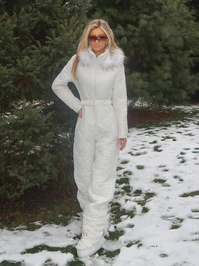 Sydney Algeri 女士白色毛绒帽子和厚连体衣，适合秋冬季玩雪