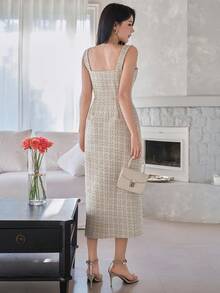 DAZY 女士优雅方领无袖口袋纽扣连衣裙，夏季