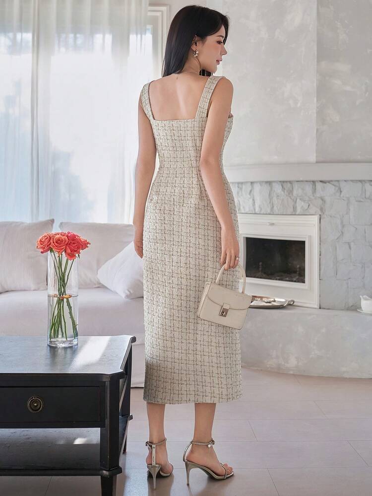 Women's Elegant Square Neck Sleeveless Pocket Button Dress, Summer Wedding Guest Dress Sundress