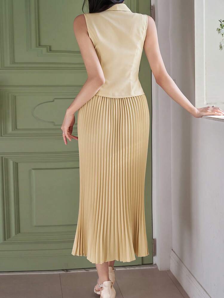 Women's Elegant Solid Color Vest With Pleated Skirt 2-Piece Set, Spring/Summer,Wedding Guest Dress Women