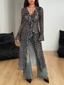 Coolane Women's Fall/All-Season Rave Renaissance Fair Hippie Music Festival Gyaru Mesh Straps Ruffle Ribbon Long Coat - Grey - View 3