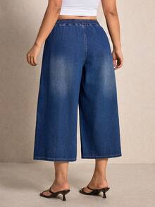 Elaquor Plus Size Casual Washed Drawstring Waist Wide Leg Jeans - Blue - View 5