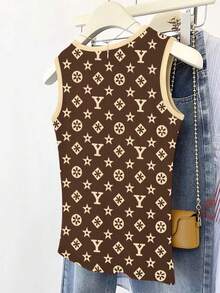 INAWLY Women's Letter Print Trim Round Neck Casual Loose Tank Top - Coffee Brown - View 2