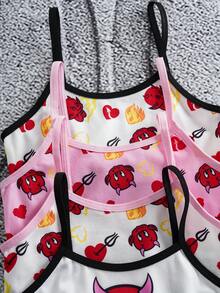 SHEIN HOT STUFF 4pcs/Set Young Girl Cartoon Pattern Contrast Binding Undershirt Top - Pink - View 3