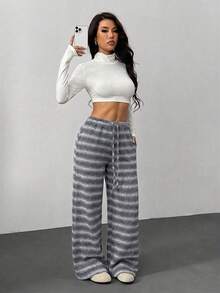 SHEIN PETITE Bộ quần áo nữ thoải mái, giản dị, cạp thấp, có dây rút, ống rộng, kẻ sọc, quần dài mặc nhà. - Xám - Xem 5