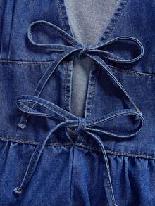 SHEIN MOD Đầm denim thời trang nữ không tay cổ chữ V thắt dây dáng midi, đầm jean xanh dáng chữ A mùa hè thoải mái cho nữ - Rửa tối - Xem 4