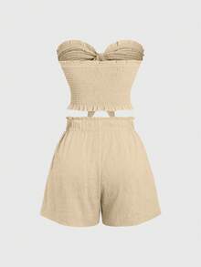 Sweetra 女士纯色抹胸上衣和短裤两件套，修身款，夏季 - 卡其色 - 查看 2