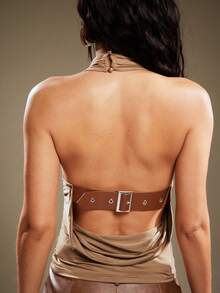 Denimoi 露背系带不对称领口吊带性感上衣 时尚演唱会服装 - 棕色 - 查看 2