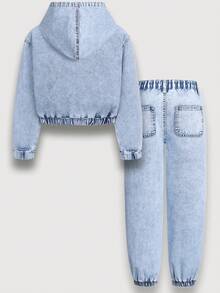 Tween Girls 2-Piece Denim Outfit,Light Blue Hooded Cropped Sweatshirt & Jogger Pants,Autumn Streetwear School Back-To-School Casual Daily Wear Set - Light Wash - View 2