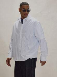 Musero 双层袖长袖细条纹翻领纽扣衬衫，修身时尚上衣，秋冬必备单品 - 白色 - 查看 4