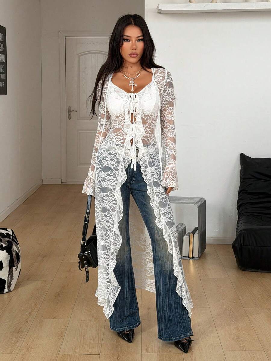 Coolane 女士秋季/四季皆宜的锐舞派对装扮 文艺复兴集市嬉皮音乐节辣妹风网纱吊带荷叶边缎带长外套/罩衫 - 白色 - 查看 1