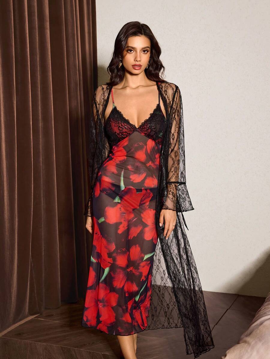 成熟性感复古印花吊带睡裙和蕾丝睡袍套装 - 彩色 - 查看 1