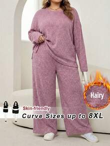 SHEIN CURVE+ Plus Size Crew Neck Drop Shoulder Long Sleeve Loose Ribbed 2 Pieces Set - Dusty Pink - View 1