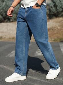 Manfinity Homme Men's Straight Loose Casual Versatile Jeans With Pockets - Blue - View 3