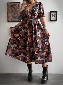 Whyspr Fashionable Square Neck Butterfly Print Sexy Short Sleeve Waist Cinching Printed Dress