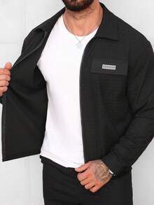 Manfinity Homme 2pcs Men's Elegant Houndstooth Jacquard Long Sleeve Zip-Up Jacket And Drawstring Elastic Waist Ankle Cuff Pants Set, Classic Hot-Selling Autumn/Winter Casual Outfit For Vacation, Dates, Parties, Office, Business - Black - View 7