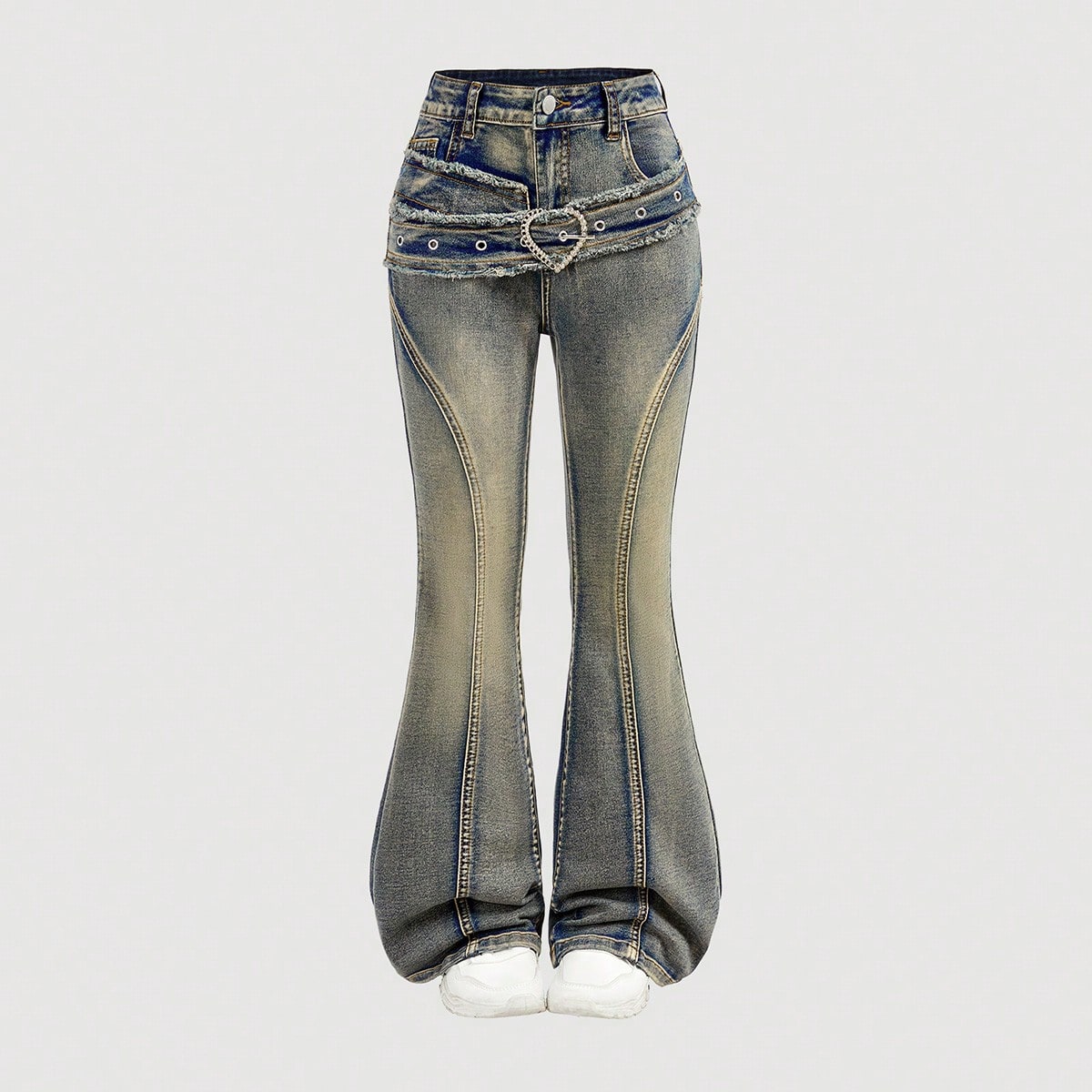 Jeans acampanados de cintura alta con lavado retro Y2K y hebilla con corazón para niña preadolescente, para usar en la calle y el Día de San Valent