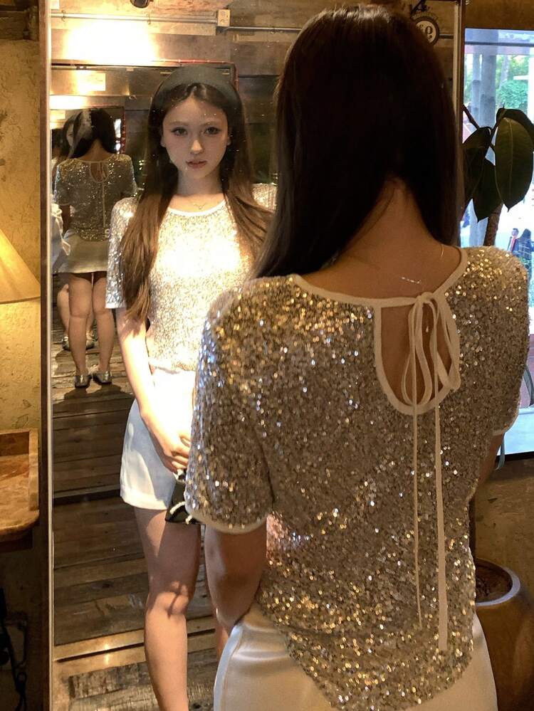 Women's Fashionable Sequin Decorated Short Sleeve T-Shirt, Suitable For Party In Summer