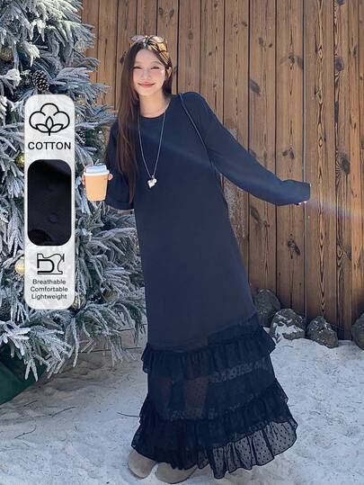 DAZY 女士纯色简约休闲圆领长袖连衣裙