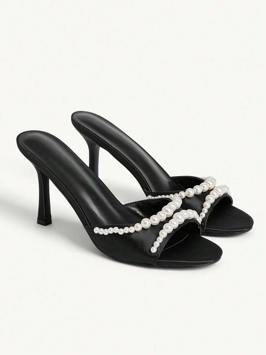 CUCCOO CHICEST 新款夏季女士珍珠圆头细高跟凉鞋，优雅浪漫的白色缎面新娘/伴娘高跟鞋，时尚派对正式场合穿着，适合圣诞节婚礼等场合。 - 黑色色丁 - 查看 1