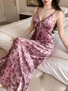 DAZY Charming Vintage Floral Pattern Velvet & Lace Patchwork Slim Fit Long Nightgown For Women - Dusty Purple - View 8