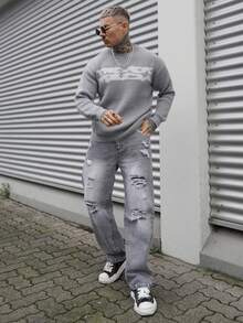 Artur Kramer 男士毛衣，秋冬季保暖，欧美风格，男女皆宜，宽松版型，商务休闲，高街时尚，小众设计，长袖，落肩，简约圆领针织上衣 - 灰色 - 查看 3