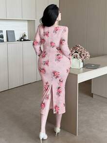 Vibekara Vestido midi de talla grande para mujer, con estampado de rosas vintage, elegante y sexy, de manga 3/4 ajustada - Rosa - Ver 2