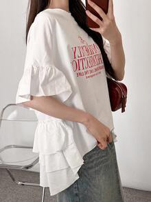 FRIFUL Women's Round Neck Loose Flare Sleeve T-Shirt With Layered Ruffle Back And Contrast Letter Print, Summer Top - White - View 5