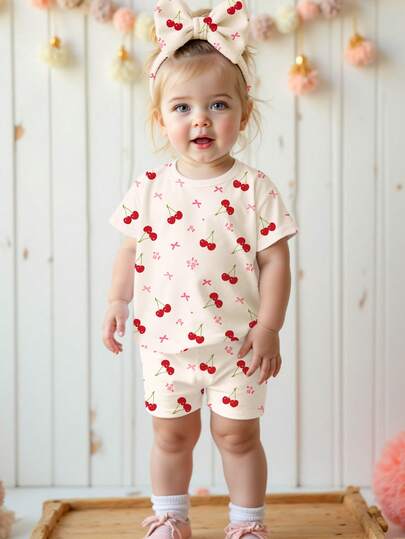 SHEIN 2pcs Baby Girl Casual Loose Fit Cherry, Floral, Bow Print Short Sleeve Round Neck T-Shirt And Skinny Bike Shorts Set, Suitable For Spring/Summer Daily Wear, Outings, Home, School