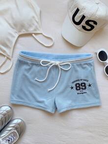 Comfortcana 2026新款春夏时尚女式数字刺绣条纹抽绳腰休闲短裤，夏季女式沙滩短裤，适合海滩度假，2000年代风格 - 淺藍色 - 查看 5