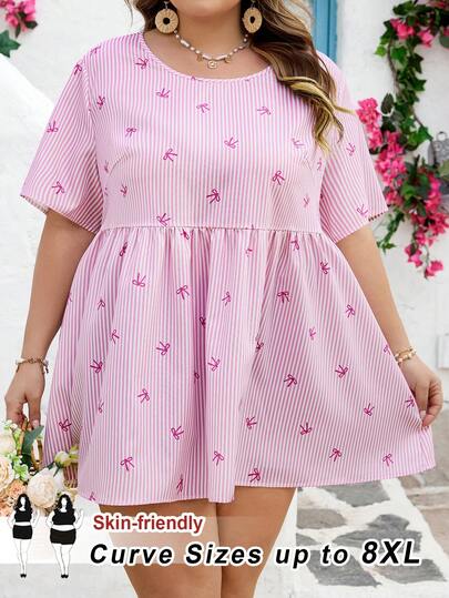 SHEIN CURVE+ Curve Size US22Music Festival, Seaside Vacation, Bohemia Women Bow Striped Round Neck Short Sleeve Floral Print Casual Top, Suitable For Everyday Wear, Boho Style/Boho, Holiday, Vacation, Summer Beach, Wedding Guest, Casual Summer Blouse