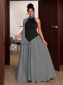 Maweii 大码无袖千鸟格复古浪漫法式连衣裙 - 黑色 - 查看 2