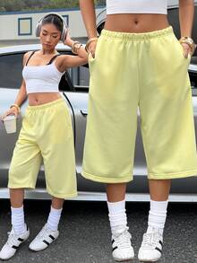 Muchica Women's Casual Yellow Capri Pants With Pockets - Yellow - View 1