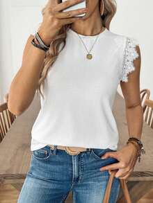 Louniche 女士休闲白色圆领蕾丝荷叶袖甜美宽松短袖T恤，春季 - 白色 - 查看 4