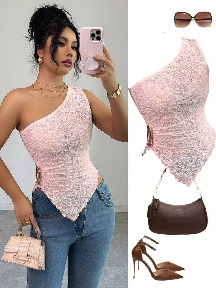 SHEIN Elenzya Women's New Spring/Summer/Autumn Casual Commute Travel Top, Textured Fabric, Asymmetric Hem, Asymmetric-Shoulder Oblique Shoulder, Side Metal Decor Design, Suitable For Women In Autumn, Valentine's Day, New Year, Holiday, Halloween, Christmas - Baby Pink - View 7