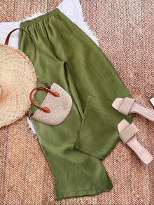 GlowEve Women's Elegant Daily Commute & Vacation Textured Fabric Cinched Waist Wide Leg Pants - Army Green - View 2