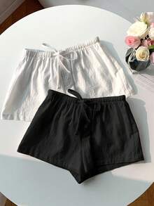 SHEIN 2条装少女轻薄宽松纹理梭织短裤，黑白配色，买一送一，春夏款 - 黑與白 - 查看 3