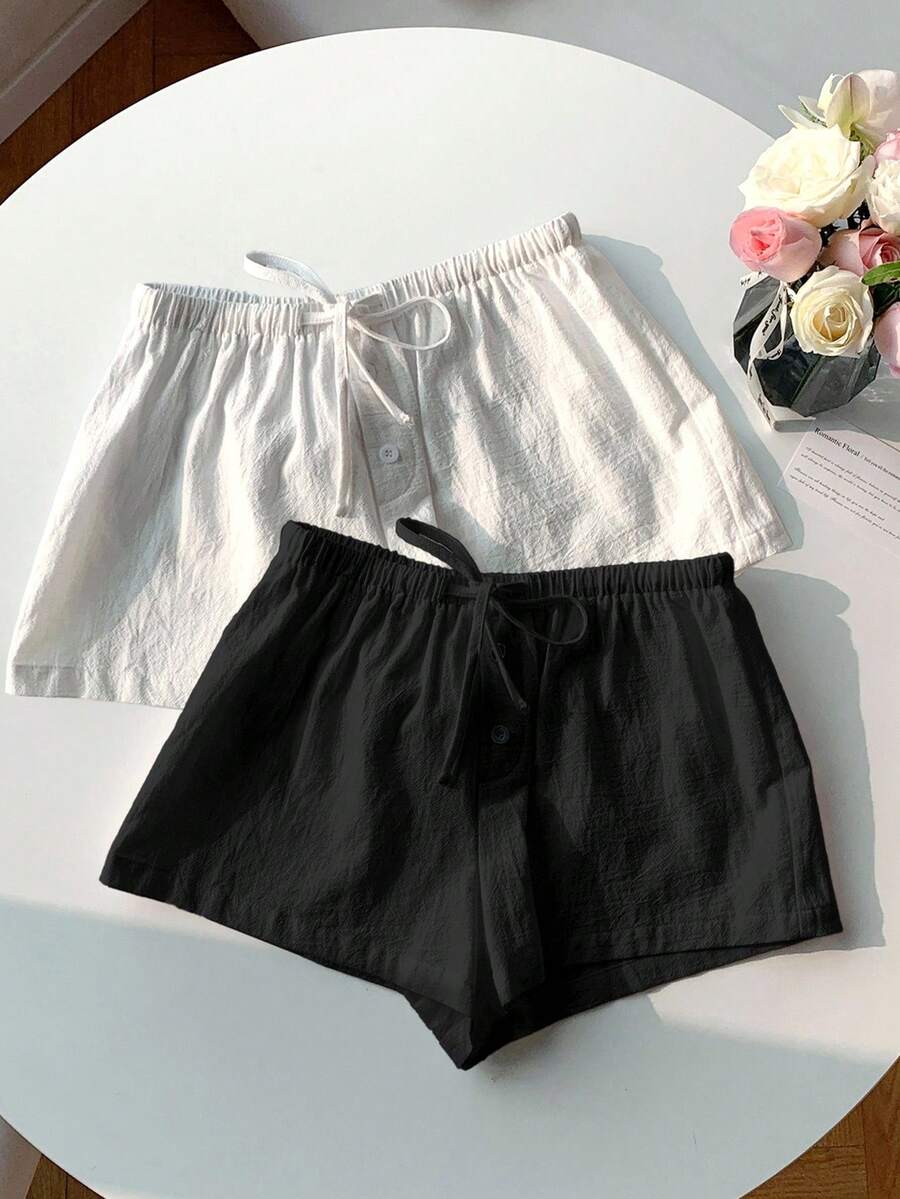 SHEIN 2条装少女轻薄宽松纹理梭织短裤，黑白配色，买一送一，春夏款 - 黑與白 - 查看 1